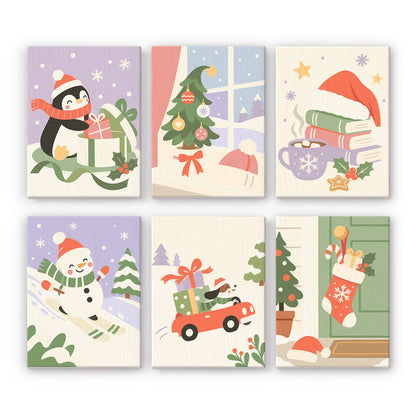 Lavender Snowman on Skis mini paint by numbers – Pastel lavender scenes: penguin with a gift, tree by a window, books with cocoa, skiing snowman, red car and stocking