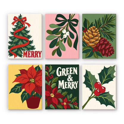 Green and Merry Mistletoe mini paint by numbers – Botanicals: a ribbon-wrapped tree, mistletoe, pinecones, potted poinsettia, holly and Green & Merry lettering