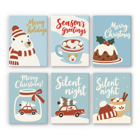 Silent Night Polar Bear and Cocoa mini paint by numbers – Pale blue cards with a polar bear, cocoa, Christmas pudding, a car in a jar, red car with tree and knit hat, in script