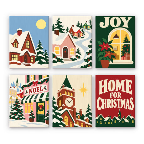 Home for Christmas Village mini paint by numbers – Snowy village scenes: a moonlit house, winding lane, Joy window, Noel shopfront, clock tower and Home for Christmas