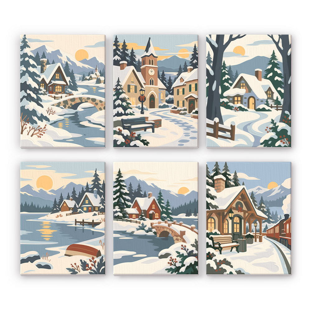 Painterly Alpine Snow Villages mini paint by numbers – Painterly snowy alpine villages with stone bridges, a church spire, lakeside chalets, a rowboat and mountain views