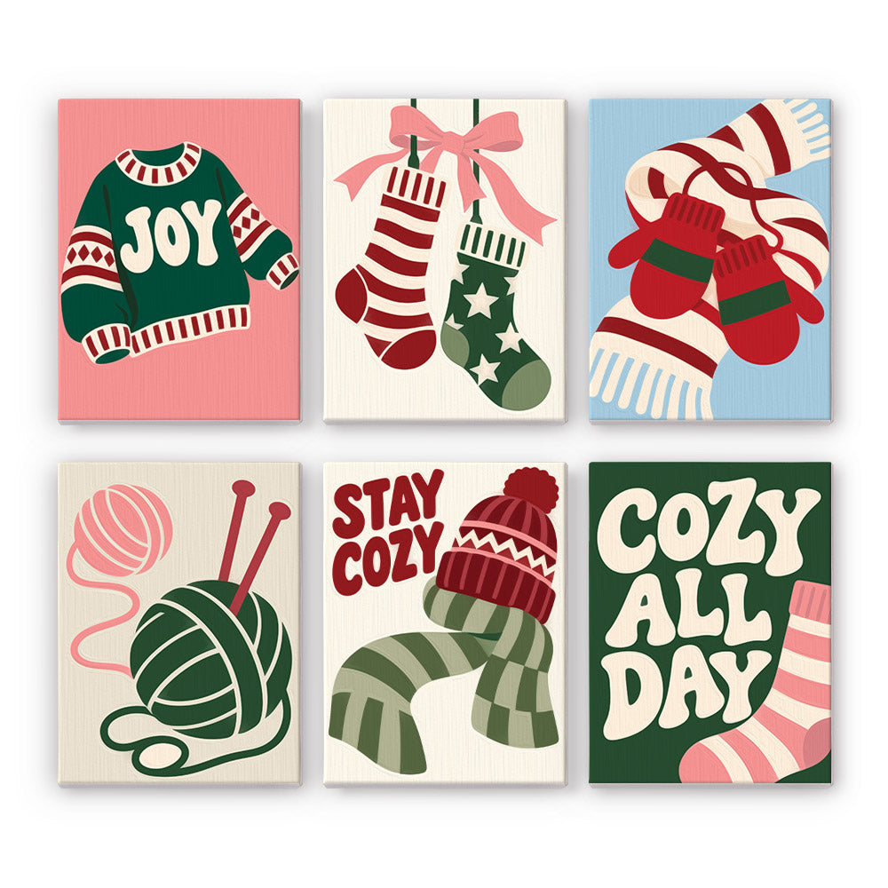 Stay Cozy Knits and Yarn mini paint by numbers – Red, green and pink knitwear: a Joy sweater, stockings, mittens, yarn ball, hat and scarf, and Cozy All Day socks