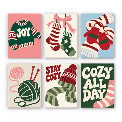 Stay Cozy Knits and Yarn mini paint by numbers – Red, green and pink knitwear: a Joy sweater, stockings, mittens, yarn ball, hat and scarf, and Cozy All Day socks