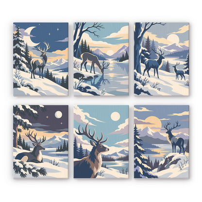 Wild Stags in Moonlit Snow mini paint by numbers – Antlered deer in snowy blue mountain landscapes under moon and soft sun, by rivers, pines and frosted hills