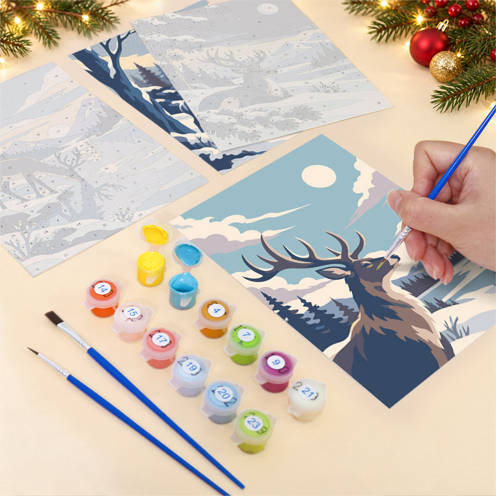 Wild Stags in Moonlit Snow (Mini Paint by Numbers)