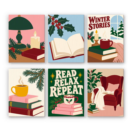 Winter Stories Armchair and Tea mini paint by numbers – Cozy reading scenes: a green lamp, open book with holly, stacked books with tea, a red armchair and Read Relax Repeat