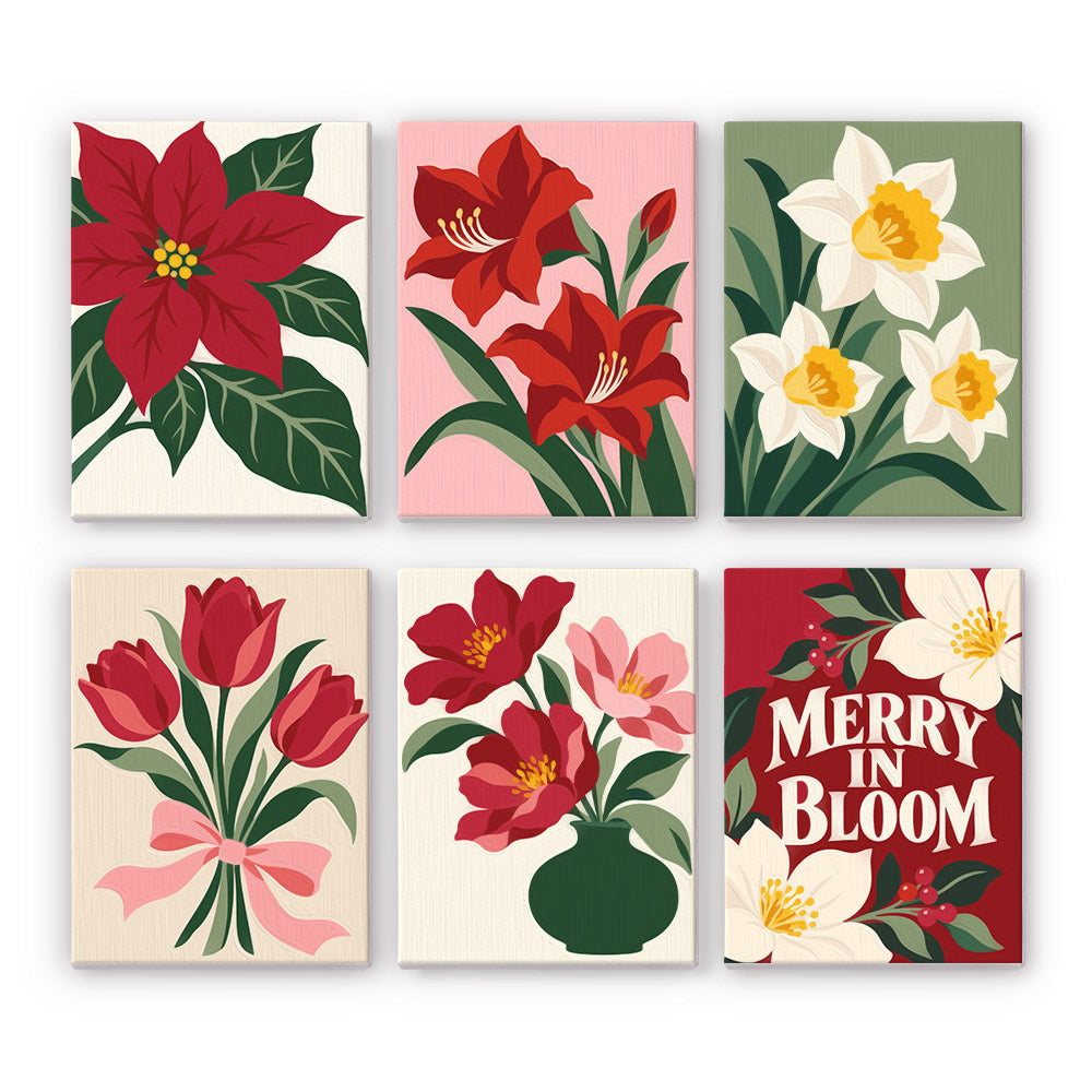 Merry in Bloom Winter Florals mini paint by numbers – Poinsettia, red amaryllis, white daffodils, a pink-bowed tulip bouquet, a potted bloom and Merry in Bloom lettering
