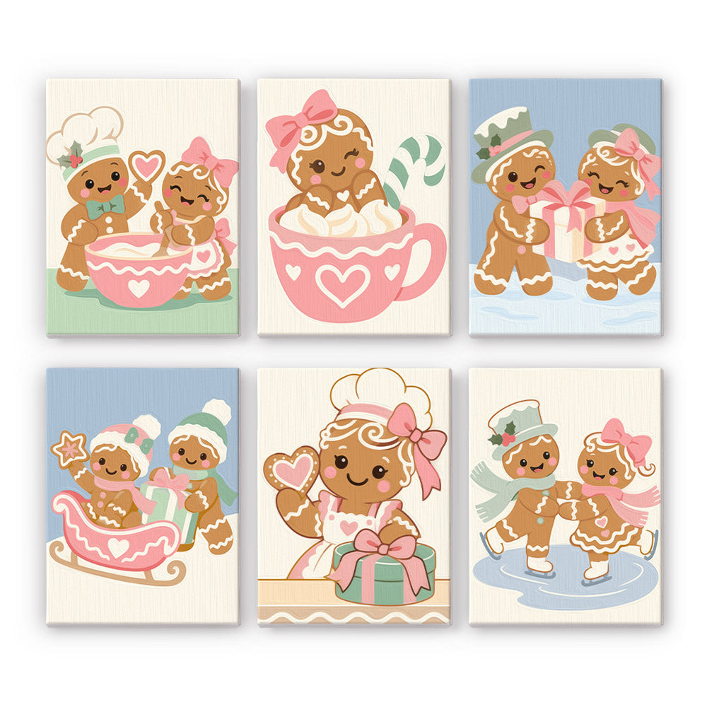 Gingerbread Sweethearts on Ice mini paint by numbers – Pastel gingerbread couple baking, sitting in a cocoa cup, sharing gifts, riding a sleigh and ice skating