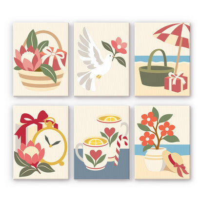 Protea Basket and Seaside Teacups mini paint by numbers – Muted pastel protea basket, white dove, beach umbrella with tote, clock with gift, lemon teacups and potted flowers