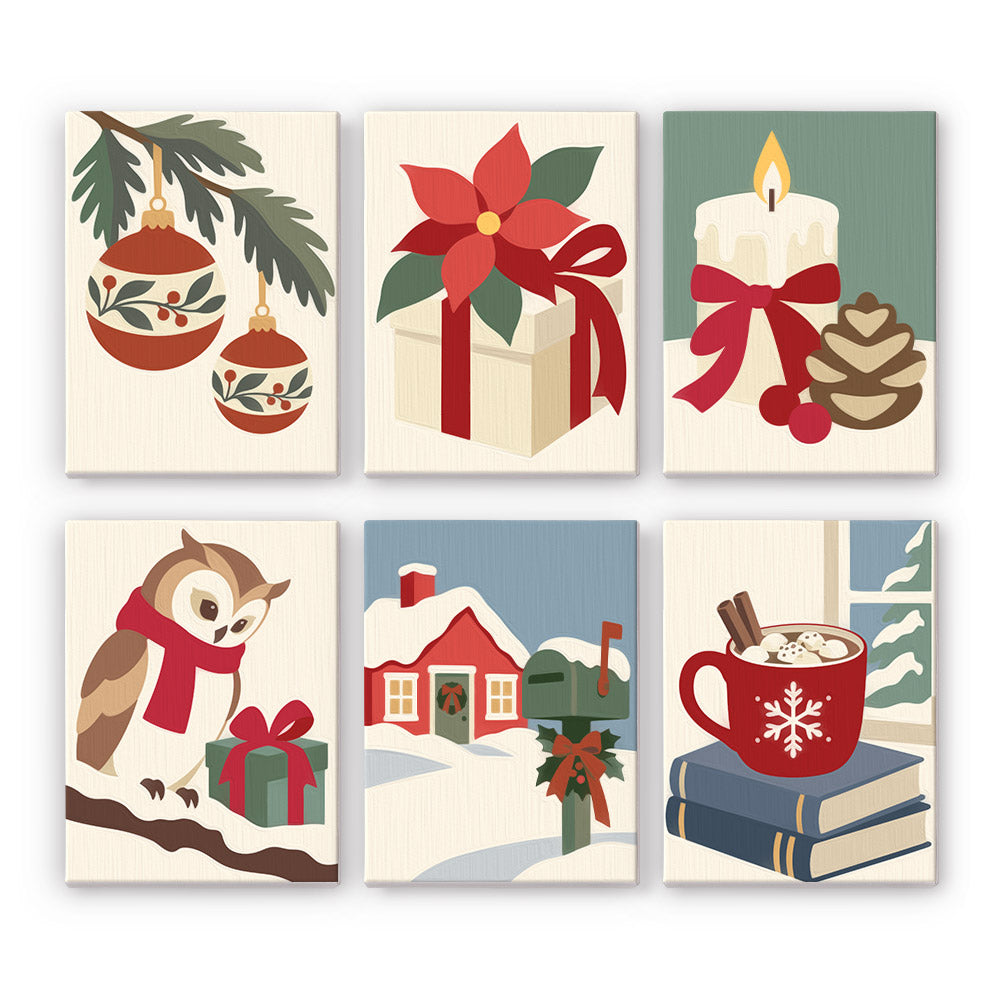 Owl and Poinsettia Country Noel mini paint by numbers – Muted ornaments on a bough, poinsettia gift, candle with pinecone, owl in a scarf, red farmhouse and cocoa on books
