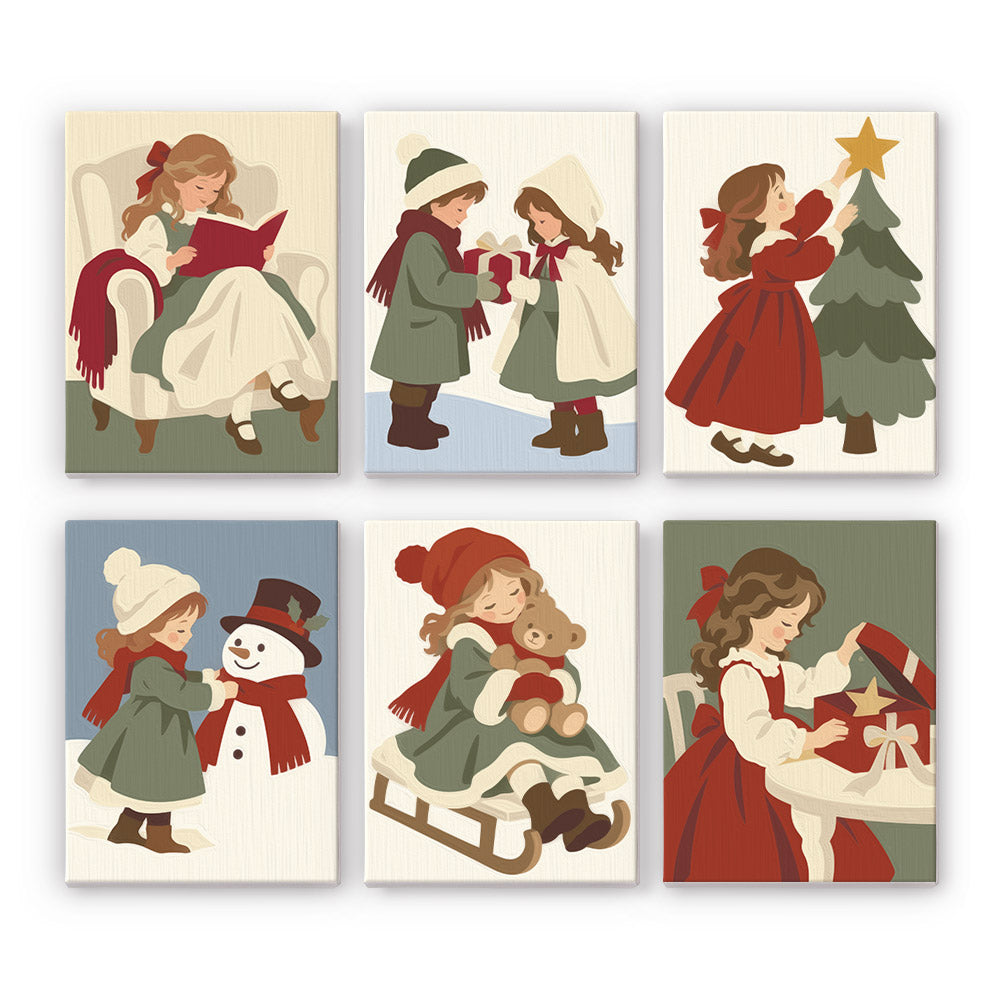 Storybook Children at Christmas mini paint by numbers – Vintage-style children in red and green reading, trading gifts, trimming a tree, building a snowman and sledding