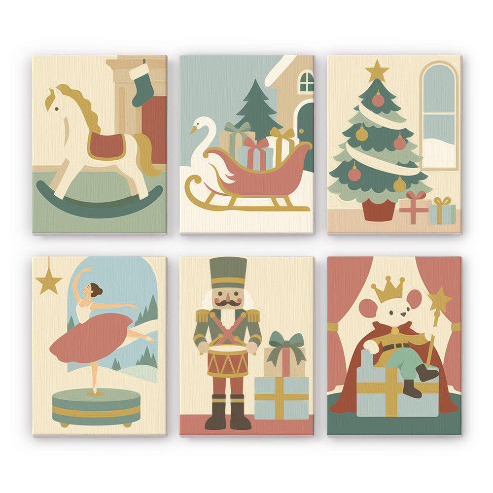 Nutcracker and Music Box Ballerina mini paint by numbers – Muted sage and rose rocking horse, swan sleigh, tree, music box ballerina, drummer nutcracker and crowned mouse king