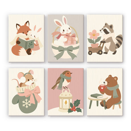 Fox Reading to a Bunny mini paint by numbers – Fox reading to a bunny, bunny in a basket, raccoon with a cart, mouse in a mitten, robin and bear with tea