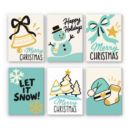 Teal and Gold Let It Snow mini paint by numbers – Teal, gold and black hand-lettered greetings with a bell, snowman, bow, gold trees and stockings, plus Let It Snow