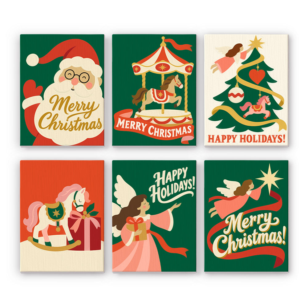 Carousel Horses and Flying Angels mini paint by numbers – Vintage-style Santa, a carousel, angel-topped tree, rocking horse and flying angels with Merry Christmas banners