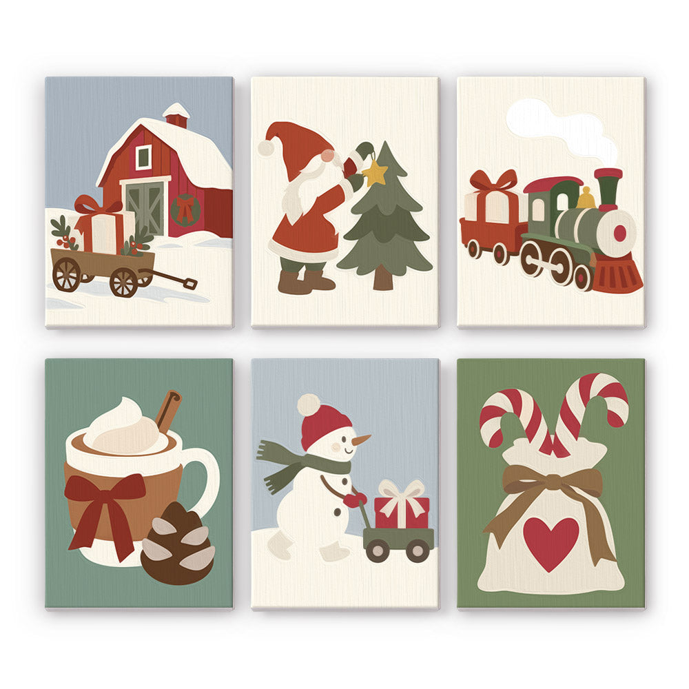Red Barn and Toy Train Christmas mini paint by numbers – Muted red barn with a gift wagon, Santa by a tree, toy train, cocoa, snowman pulling a wagon and a candy cane sack