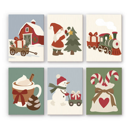 Red Barn and Toy Train Christmas mini paint by numbers – Muted red barn with a gift wagon, Santa by a tree, toy train, cocoa, snowman pulling a wagon and a candy cane sack