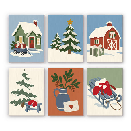 Green Farmhouse and Blue Pitcher mini paint by numbers – Green farmhouse with a gift wagon, snowy pines, red barn, mittens on a bench, a blue pitcher of greenery and a sled