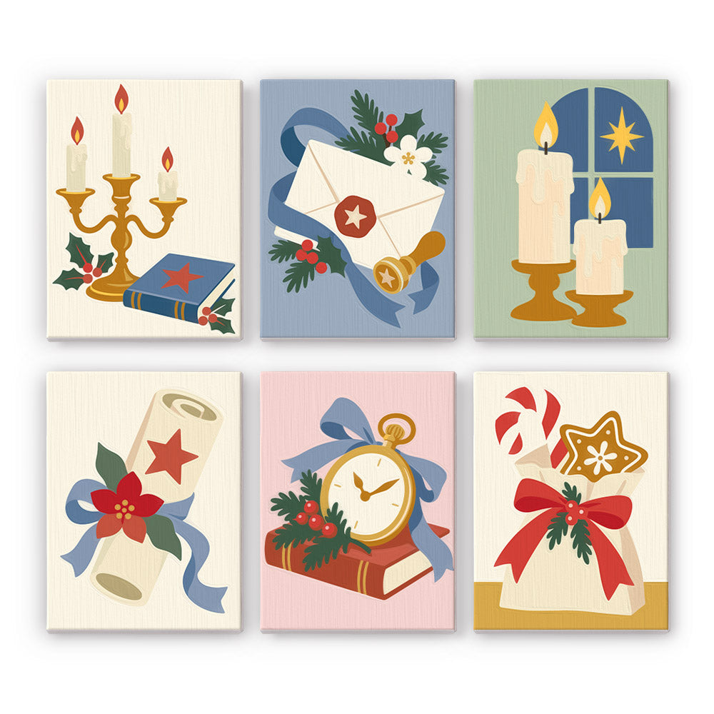 Wax Seal Letters and Candlelight mini paint by numbers – Candelabra with a book, sealed letter in ribbon, candles by a window, scroll, pocket watch on books and gift sack