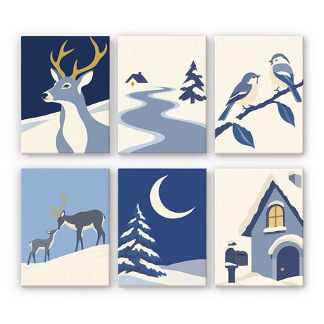 Navy Night Stag and Bluebirds mini paint by numbers – Blue and white winter scenes: a stag, winding river, bluebirds on a branch, doe and fawn, crescent moon and cottage