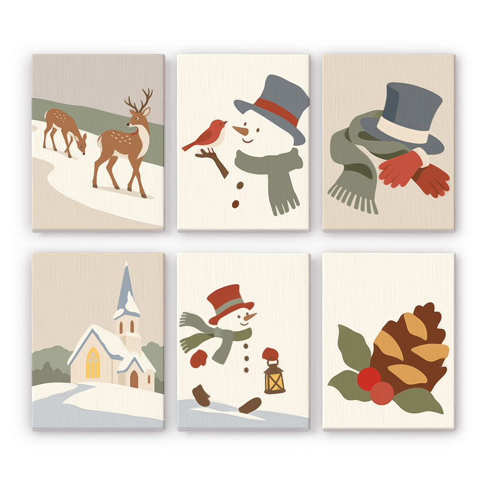 Top Hat Snowman and Country Chapel mini paint by numbers – Deer, a snowman with a cardinal, top hat and scarf, white church, snowman with lantern and pinecone in soft neutrals