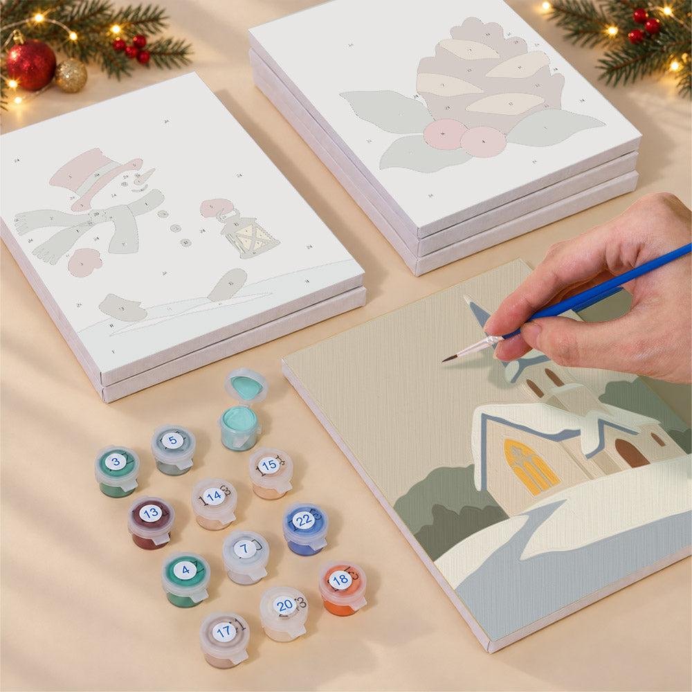 Top Hat Snowman and Country Chapel (Mini Paint by Numbers)
