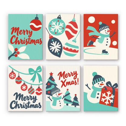 Teal and Red Skating Snowman mini paint by numbers – Teal, red and navy cards with baubles, a skating snowman, bunting and snowmen with gifts, lettered Merry Christmas