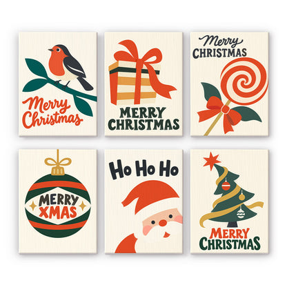 Robin, Lollipop and Ho Ho Ho mini paint by numbers – Cream cards with a robin, wrapped gift, swirl lollipop, Merry Xmas bauble, Ho Ho Ho Santa and tree in red and green