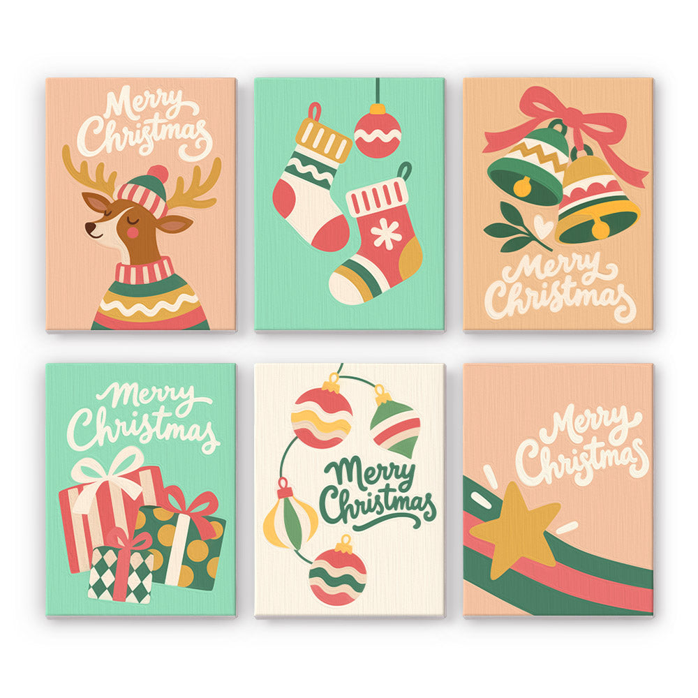 Peach and Mint Script Christmas mini paint by numbers – Peach and mint cards with white script Merry Christmas, a reindeer in a sweater, stockings, bells, gifts and a star