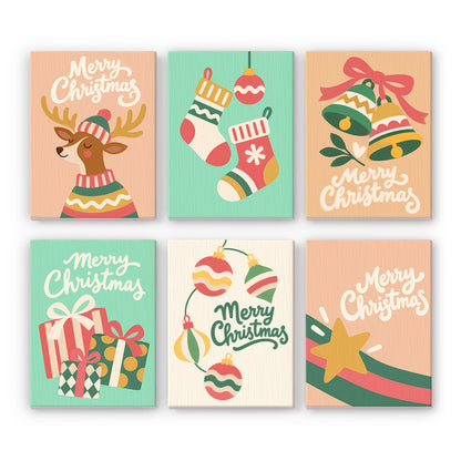 Peach and Mint Script Christmas mini paint by numbers – Peach and mint cards with white script Merry Christmas, a reindeer in a sweater, stockings, bells, gifts and a star