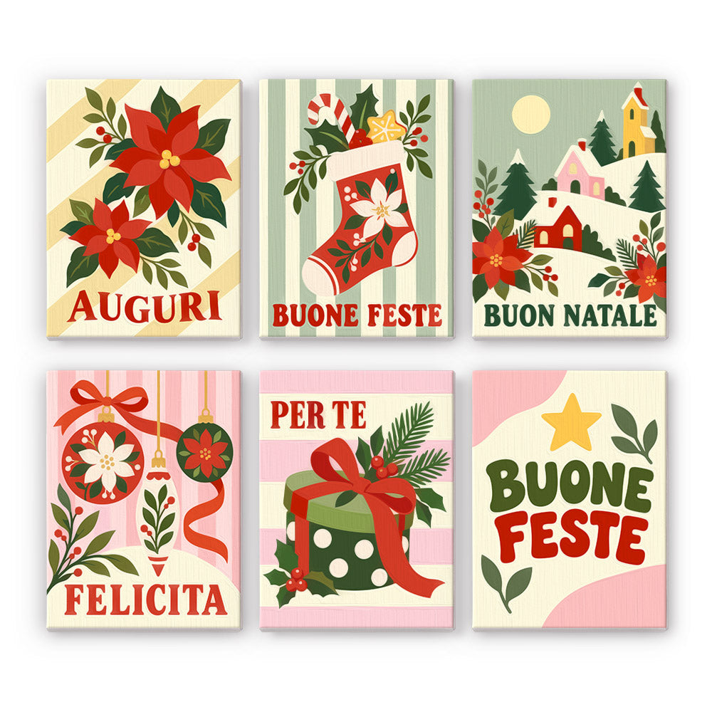 Buon Natale Village and Stocking mini paint by numbers – Italian greetings Auguri, Buone Feste and Buon Natale with a poinsettia, stocking, snowy village, bauble and gift