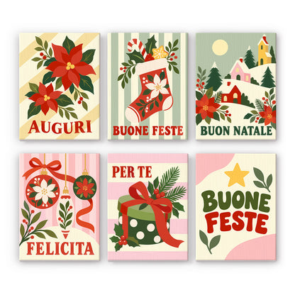 Buon Natale Village and Stocking mini paint by numbers – Italian greetings Auguri, Buone Feste and Buon Natale with a poinsettia, stocking, snowy village, bauble and gift