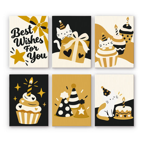 Black and Gold Birthday Cats mini paint by numbers – Black, gold and white birthday cards with party-hat cats, a gift, cupcakes, a cake and Best Wishes for You