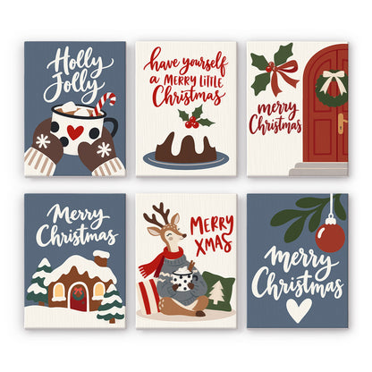 Slate Blue Cocoa and Red Door mini paint by numbers – Slate blue cards with cocoa, a Christmas pudding, red door, gingerbread house, reindeer and bauble in script