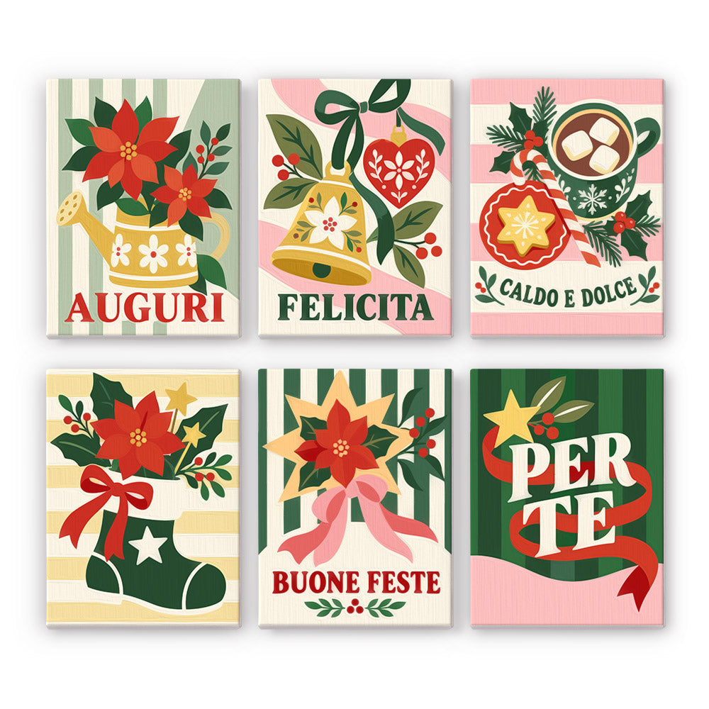 Auguri Bells and Green Stripes mini paint by numbers – Italian greetings Auguri, Felicita, Caldo e Dolce and Per Te with poinsettias, a gold bell, cocoa and a stocking
