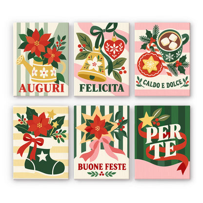 Auguri Bells and Green Stripes mini paint by numbers – Italian greetings Auguri, Felicita, Caldo e Dolce and Per Te with poinsettias, a gold bell, cocoa and a stocking