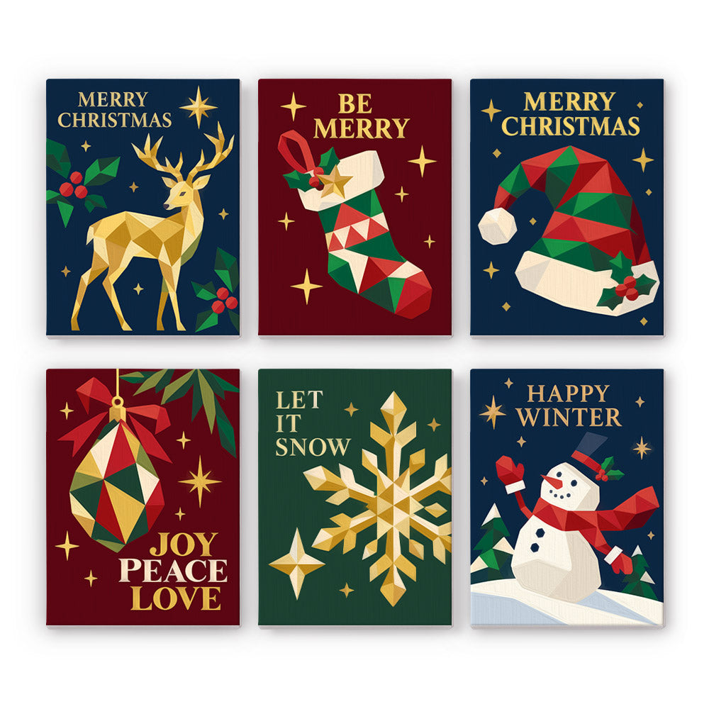 Gold Geometric Stag and Snowflake mini paint by numbers – Faceted gold and red stag, stocking, Santa hat, bauble, snowflake and snowman on navy, burgundy and forest green