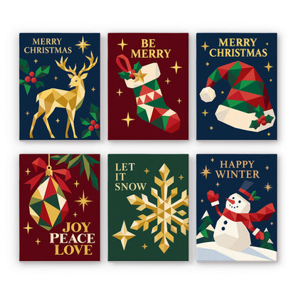 Gold Geometric Stag and Snowflake mini paint by numbers – Faceted gold and red stag, stocking, Santa hat, bauble, snowflake and snowman on navy, burgundy and forest green