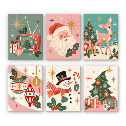 Atomic Starburst Retro Christmas mini paint by numbers – Mid-century starburst cards: vintage TV, Santa, a fawn by a tree, retro baubles, a snowman and a gift-piled tree