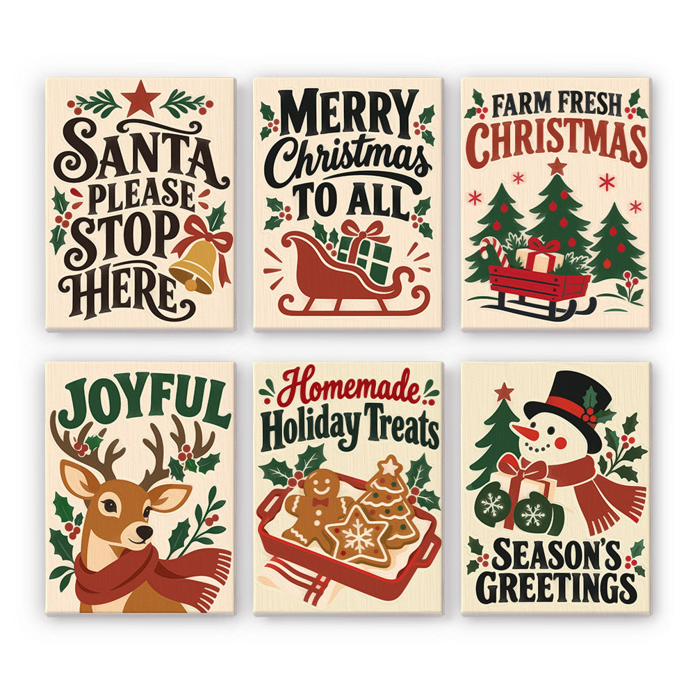 Merry Christmas to All Signs mini paint by numbers – Farmhouse-style signs: Santa Please Stop Here, Merry Christmas to All, Farm Fresh Christmas, Joyful, Homemade Treats