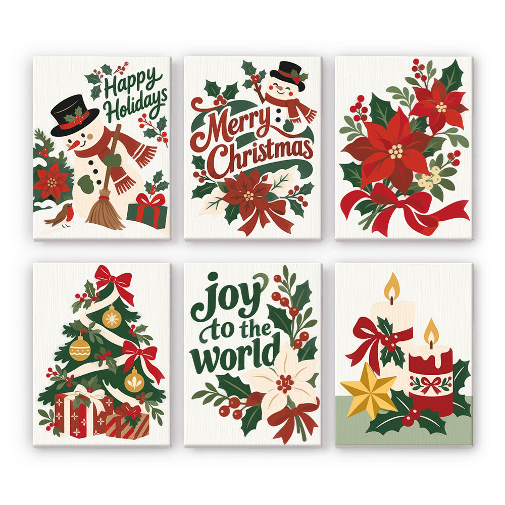 Joy to the World Poinsettias mini paint by numbers – Detailed poinsettias, snowmen, a gift-filled tree and candles with greetings Happy Holidays and Joy to the World