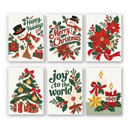 Joy to the World Poinsettias mini paint by numbers – Detailed poinsettias, snowmen, a gift-filled tree and candles with greetings Happy Holidays and Joy to the World