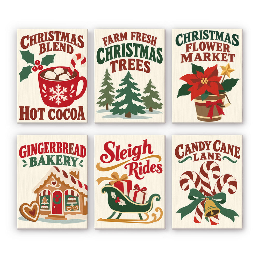 Candy Cane Lane Holiday Signs mini paint by numbers – Vintage signs for hot cocoa, fresh-cut trees, a flower market, gingerbread bakery, sleigh rides and Candy Cane Lane