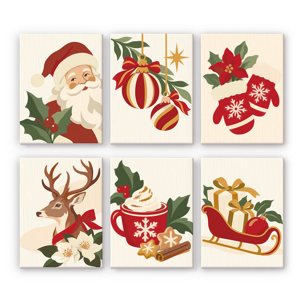 Classic Santa, Mittens and Sleigh mini paint by numbers – Santa with holly, baubles, red snowflake mittens, a reindeer with poinsettia, cocoa with cinnamon and a sleigh