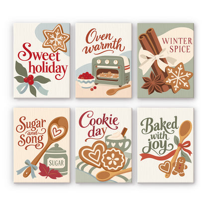 Oven Warmth and Winter Spice mini paint by numbers – Baking cards with cookies, an oven, cinnamon and star anise, wooden spoons, lettered Sweet Holiday and Cookie Day