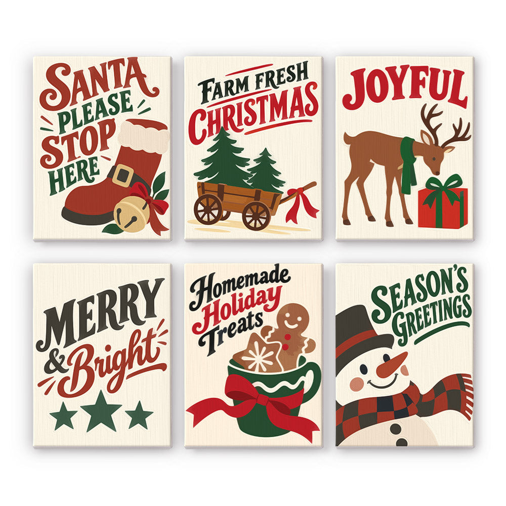 Santa Boot and Tree Wagon Signs mini paint by numbers – Farmhouse signs with Santa's boot, a wagon of trees, a deer with a gift, stars, cocoa with gingerbread and a snowman
