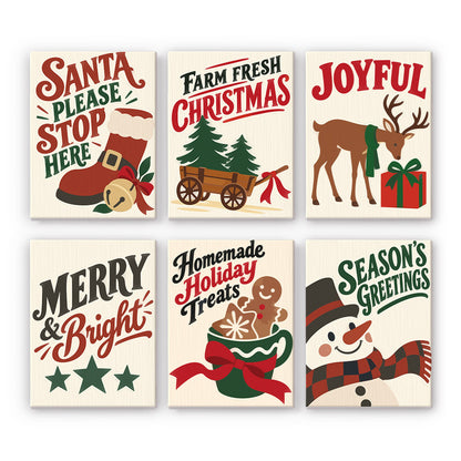 Santa Boot and Tree Wagon Signs mini paint by numbers – Farmhouse signs with Santa's boot, a wagon of trees, a deer with a gift, stars, cocoa with gingerbread and a snowman