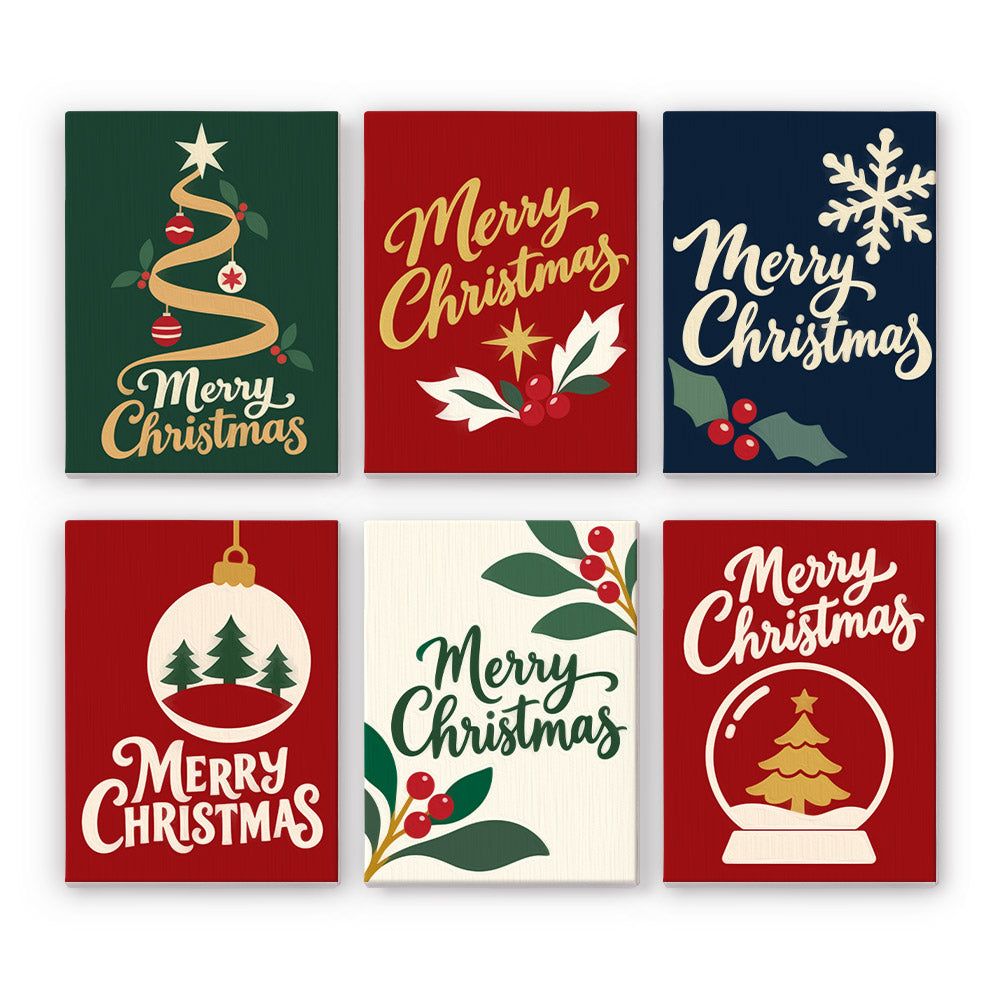 Ribbon Tree and Snow Globe Script mini paint by numbers – Merry Christmas in gold and cream script on deep green, red and navy with a ribbon tree, holly, bauble and snow globe
