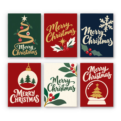 Ribbon Tree and Snow Globe Script mini paint by numbers – Merry Christmas in gold and cream script on deep green, red and navy with a ribbon tree, holly, bauble and snow globe