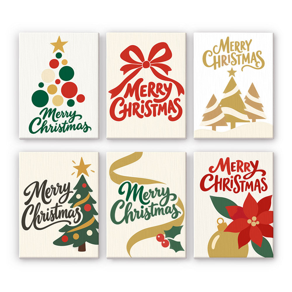 Simple Cream Merry Christmas mini paint by numbers – Cream cards lettered Merry Christmas in red, green and gold beside a dot tree, bow, gold trees, ribbon and poinsettia